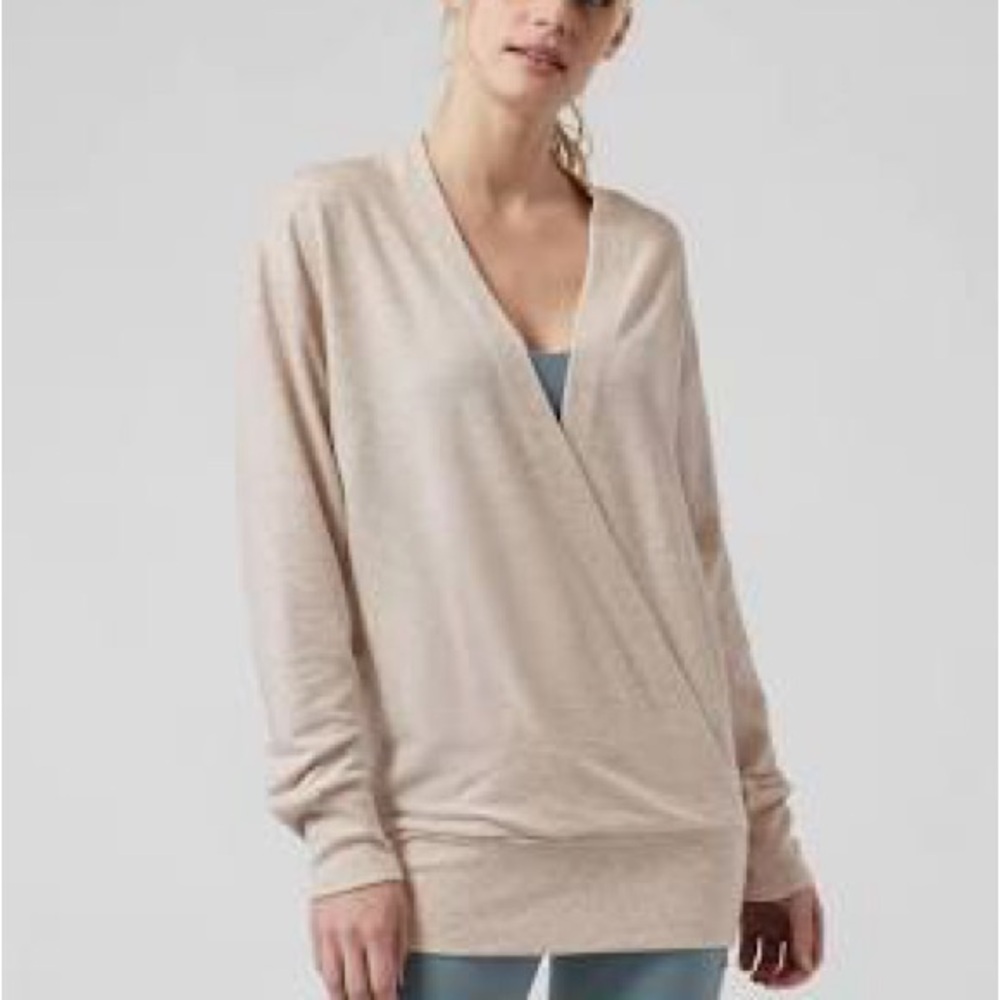 Athleta Purana V-Neck Wrap Sweatshirt Toasted Brown Oatmeal Heather Large